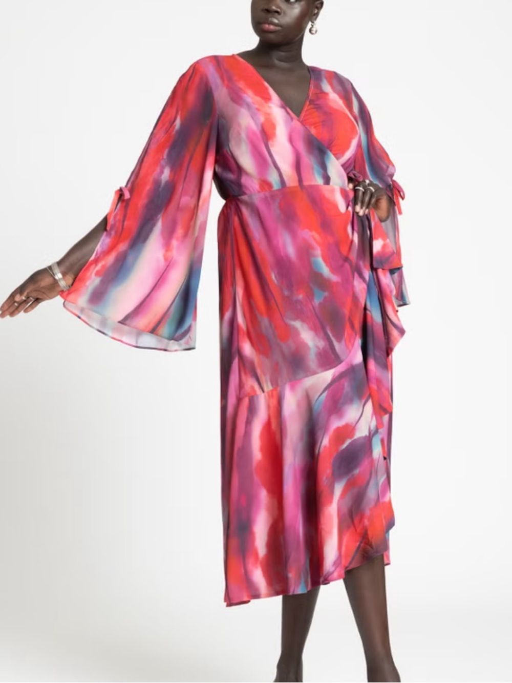 New! ELOQUII Flare Sleeve Wrap Midi Dress Watercolor Pink 16 NWT 39897